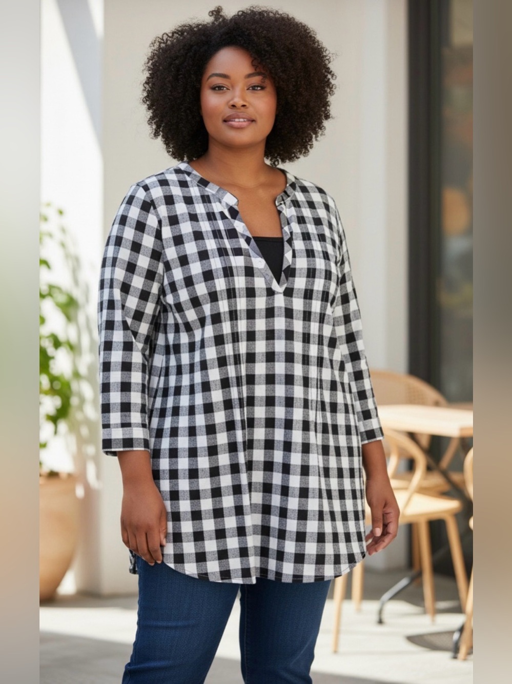 Woman Within Tunic Top Women's 4X 34-36 Black White Long Sleeve Pintuck Cotton
